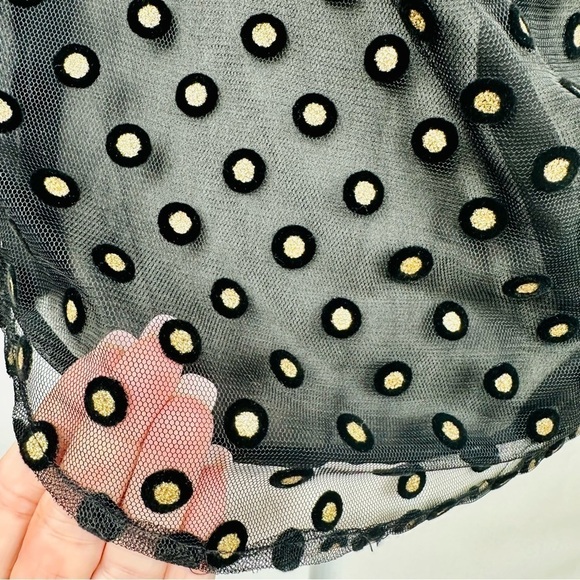 LOFT Metallic Gold Clip Dot Polka Dot Black Ruffle Yoke  Sleeveless Blouse XS - Picture 8 of 9